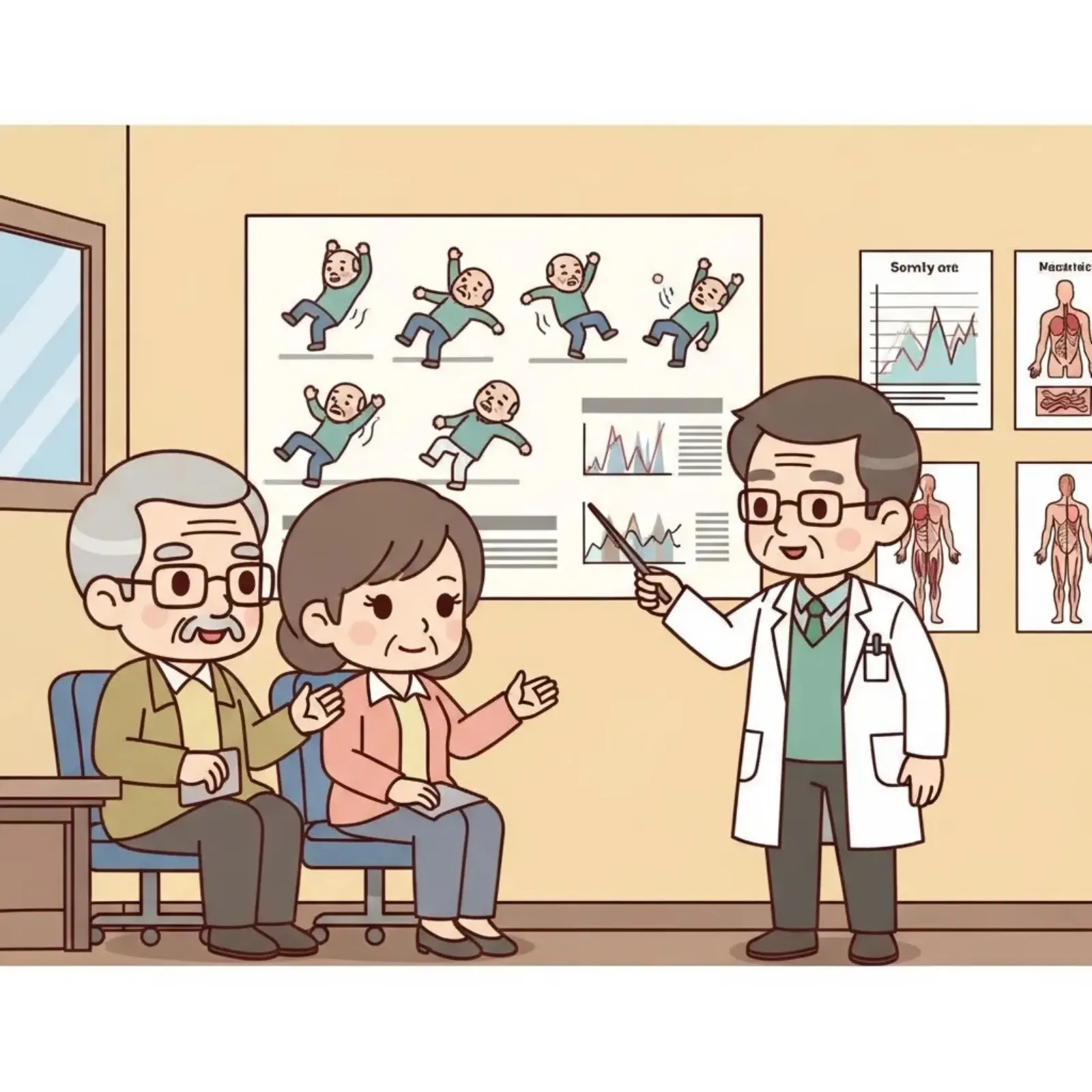 Cartoon doctor presenting balance-exercise charts to an older couple
