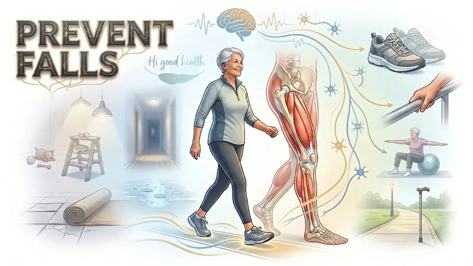 Older woman walking past trip hazards beside a leg-muscle diagram, headed Prevent Falls