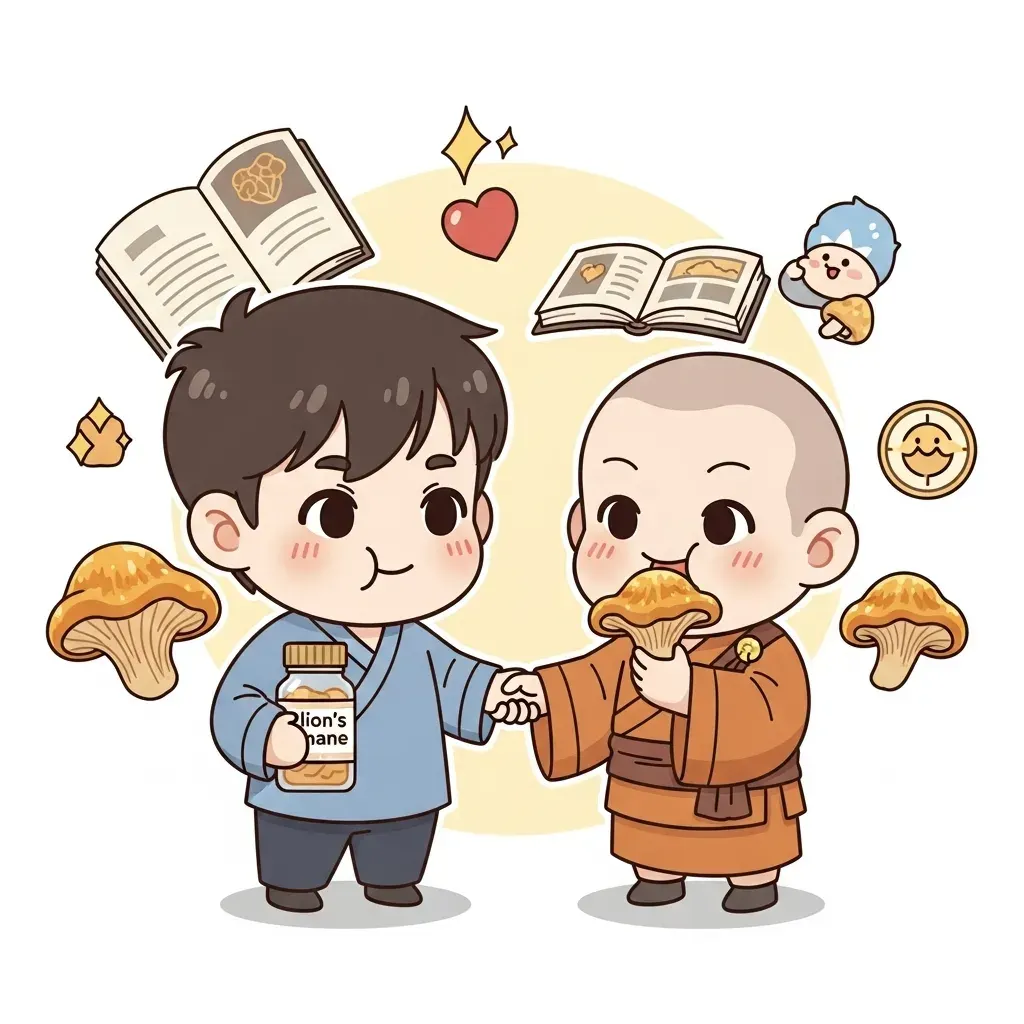 Cartoon boy holding a lion's mane supplement jar beside a monk with mushrooms and open books
