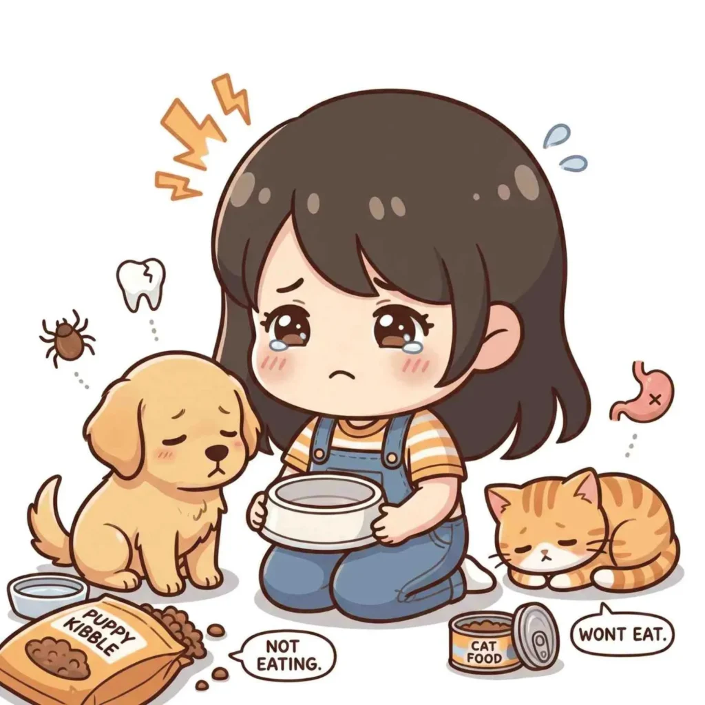 Cartoon girl offering a bowl to a puppy and a kitten that will not eat