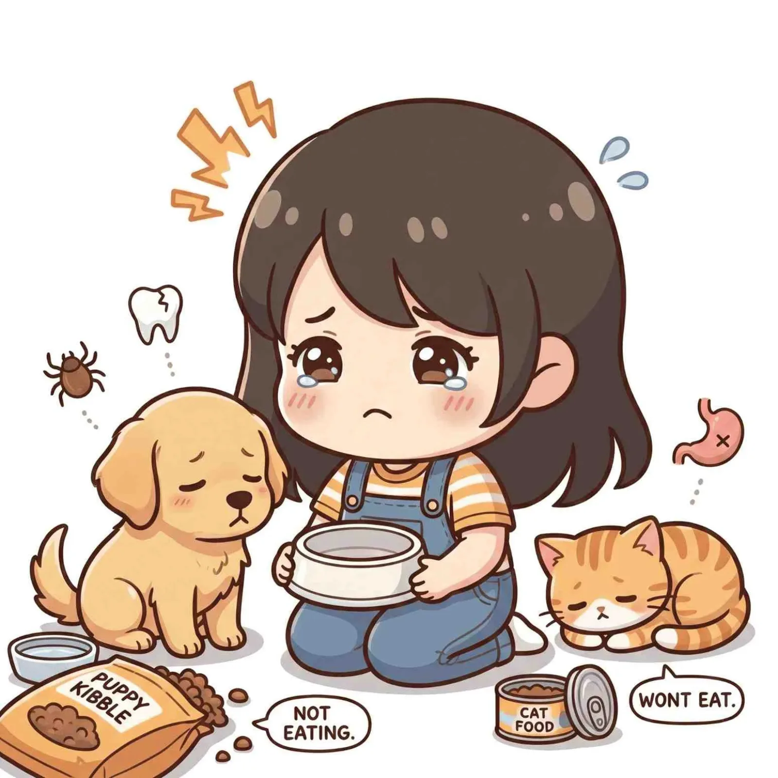 Cartoon girl offering a bowl to a puppy and a kitten that will not eat