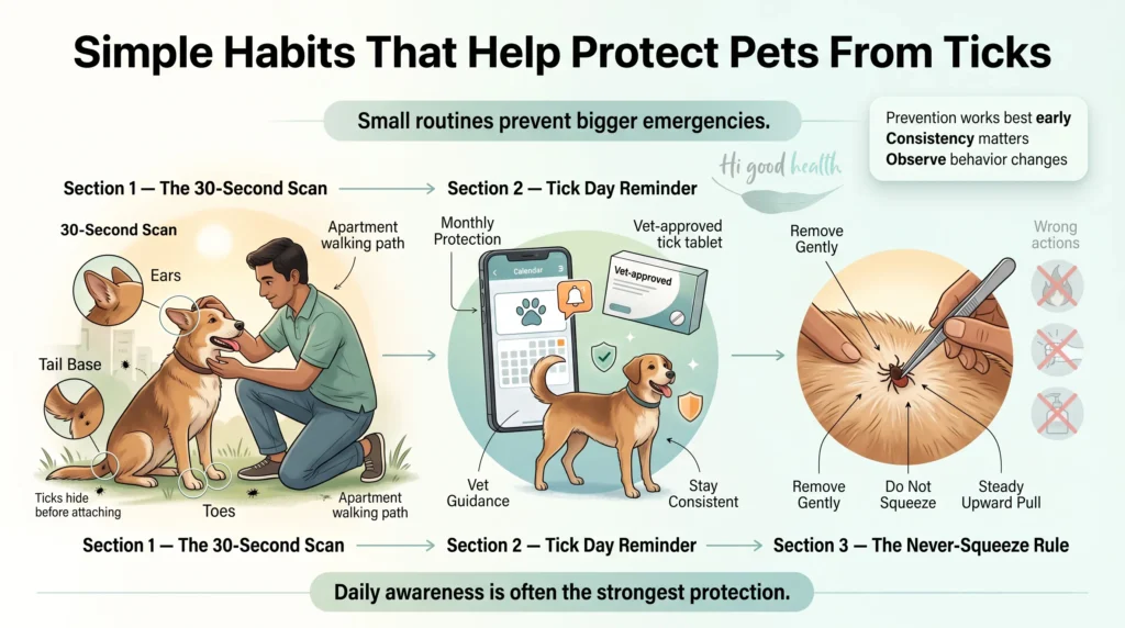 The Silent Threat: A 2026 Guide to Tick-Borne Diseases for Indian Pet Parents 4 tick fever Veterinary infographic showing daily tick-prevention habits for dogs, including body checks, monthly protection, and safe tick removal in a clean tropical-clinical layout.