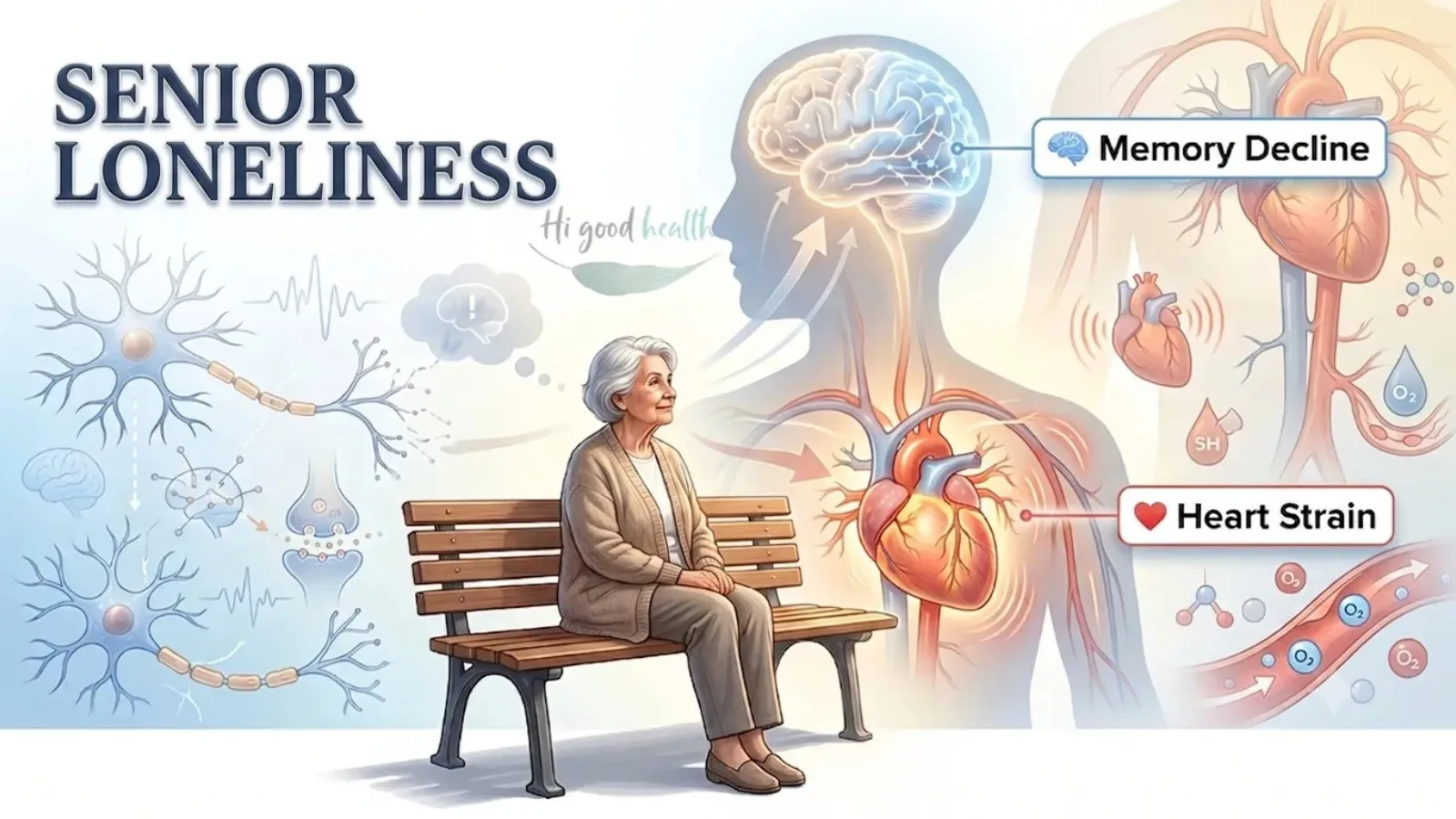 Senior Loneliness: A Growing Global Health Crisis Silently Affecting Our Elderly 2 Older woman sitting alone on a bench beside brain and heart diagrams labelled memory decline and heart strain, headed Senior Loneliness