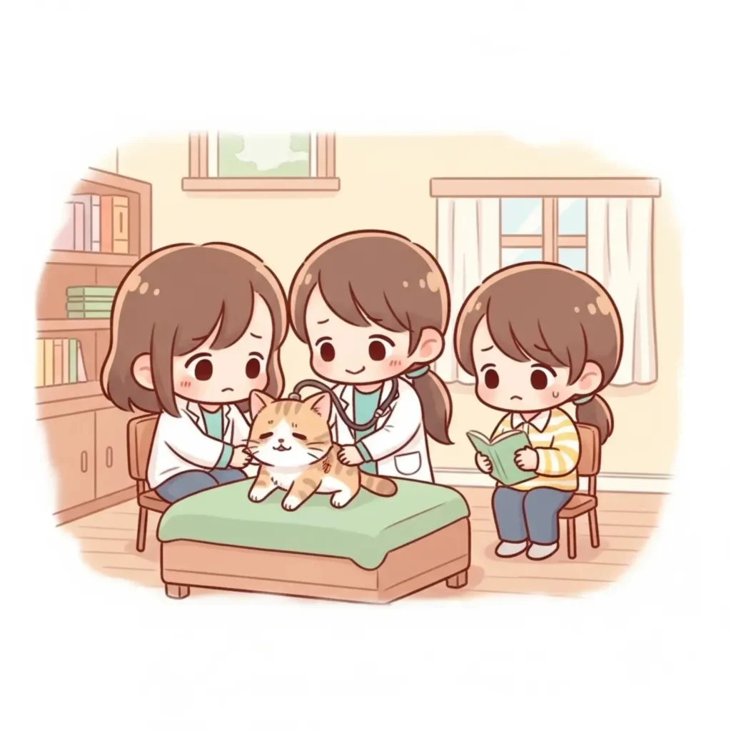 Cartoon children examining a cat for ticks with a vet's kit