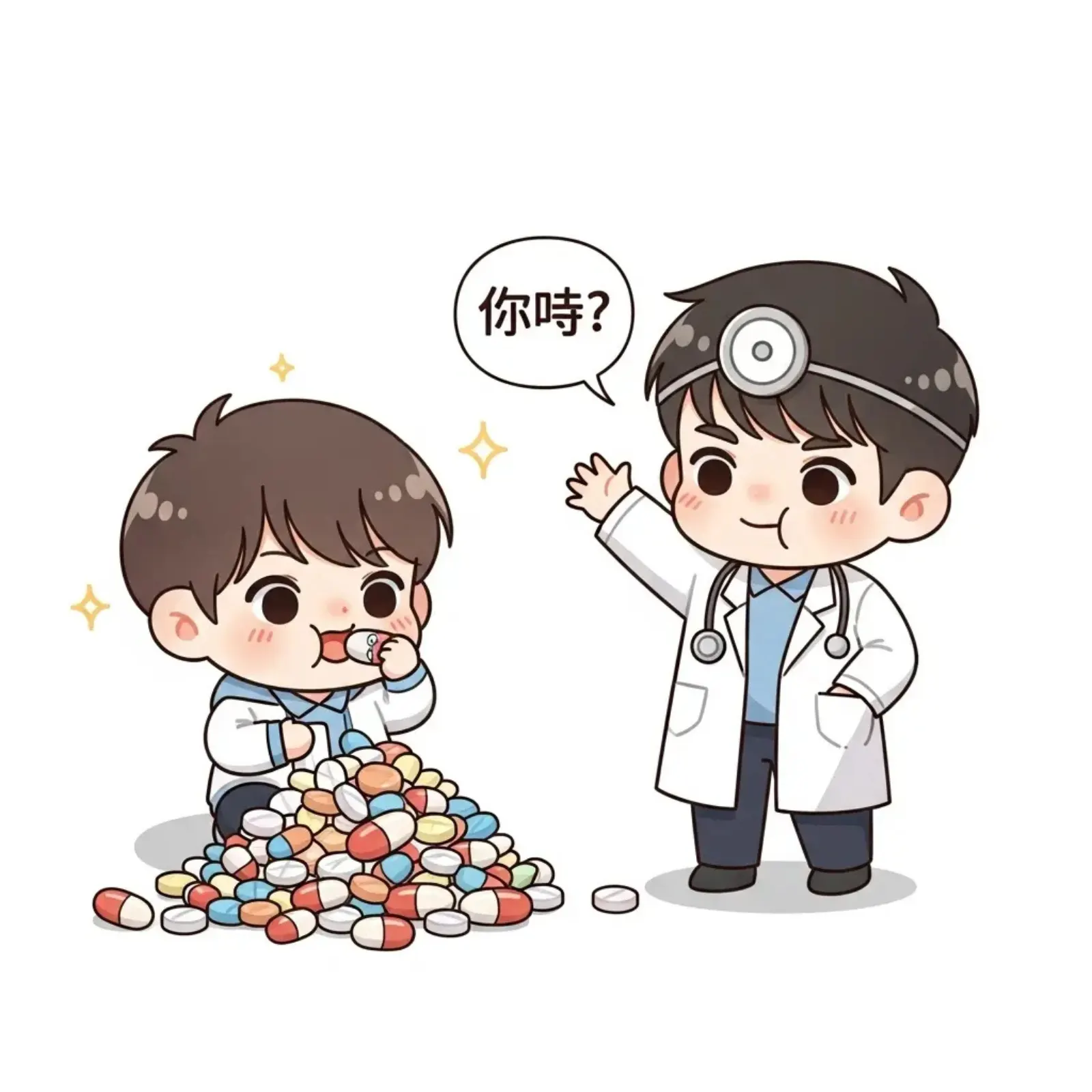 Cartoon child sitting with a pile of scattered pills beside a doctor raising a hand in caution