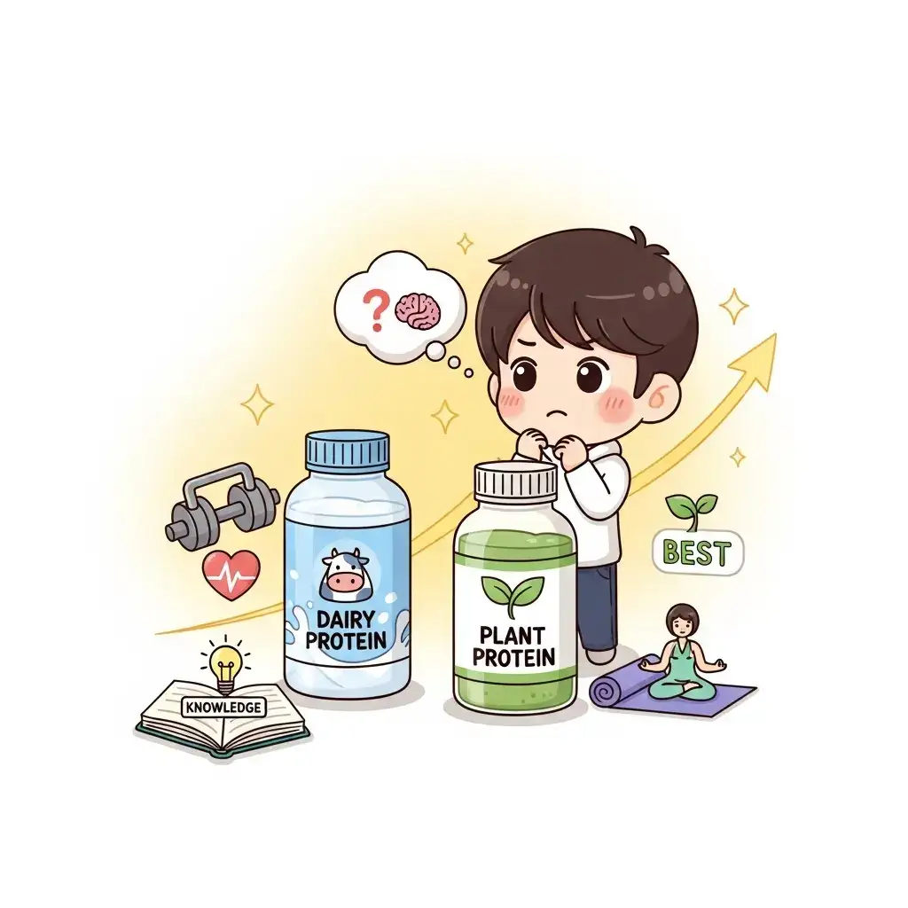 Cartoon boy comparing a dairy protein shake with a plant protein shake