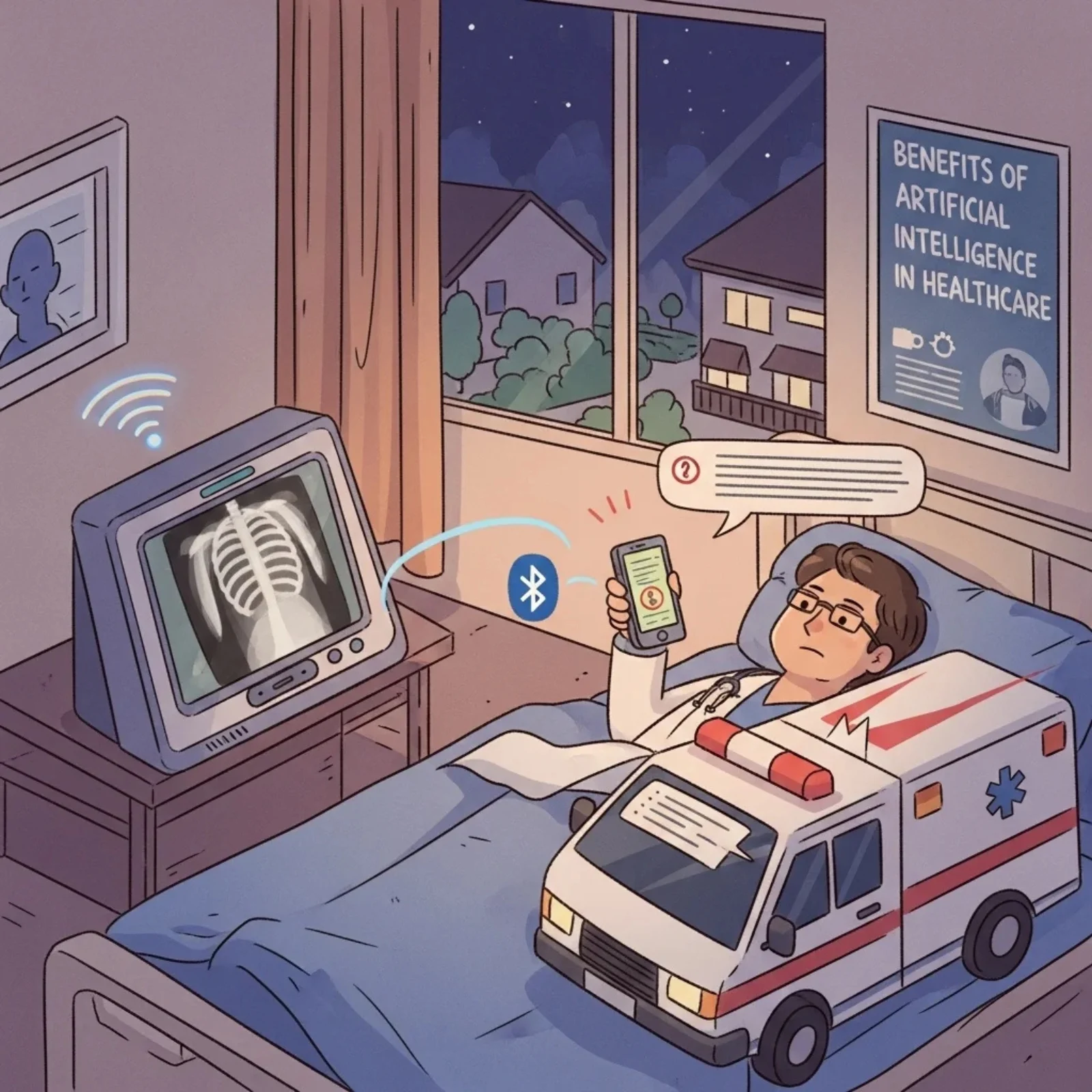 Illustration of a hospital patient with a phone linked to an X-ray screen and an ambulance, on the benefits of AI in healthcare