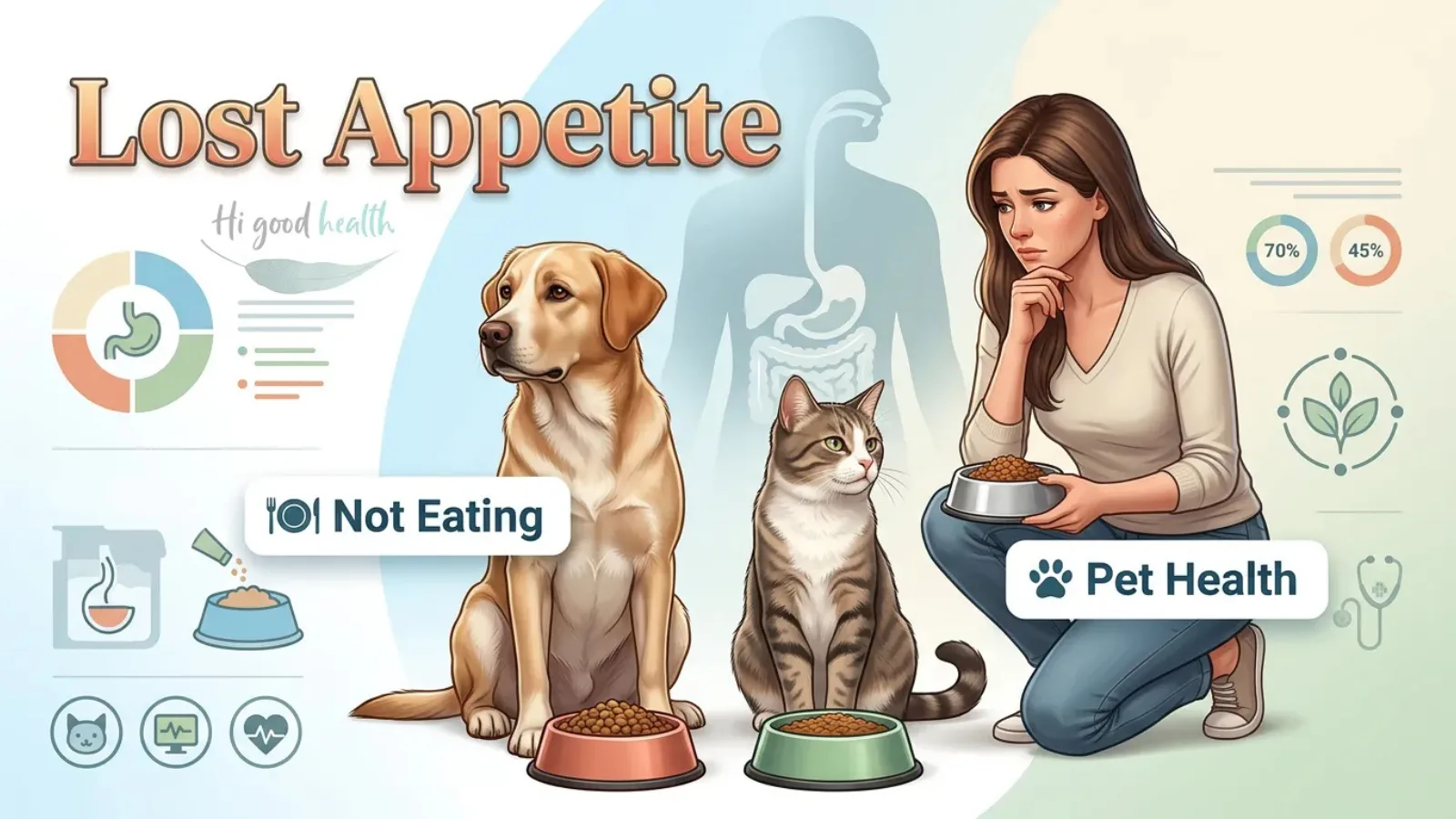 Dog and cat sitting by untouched food bowls beside a concerned owner, headed Lost Appetite