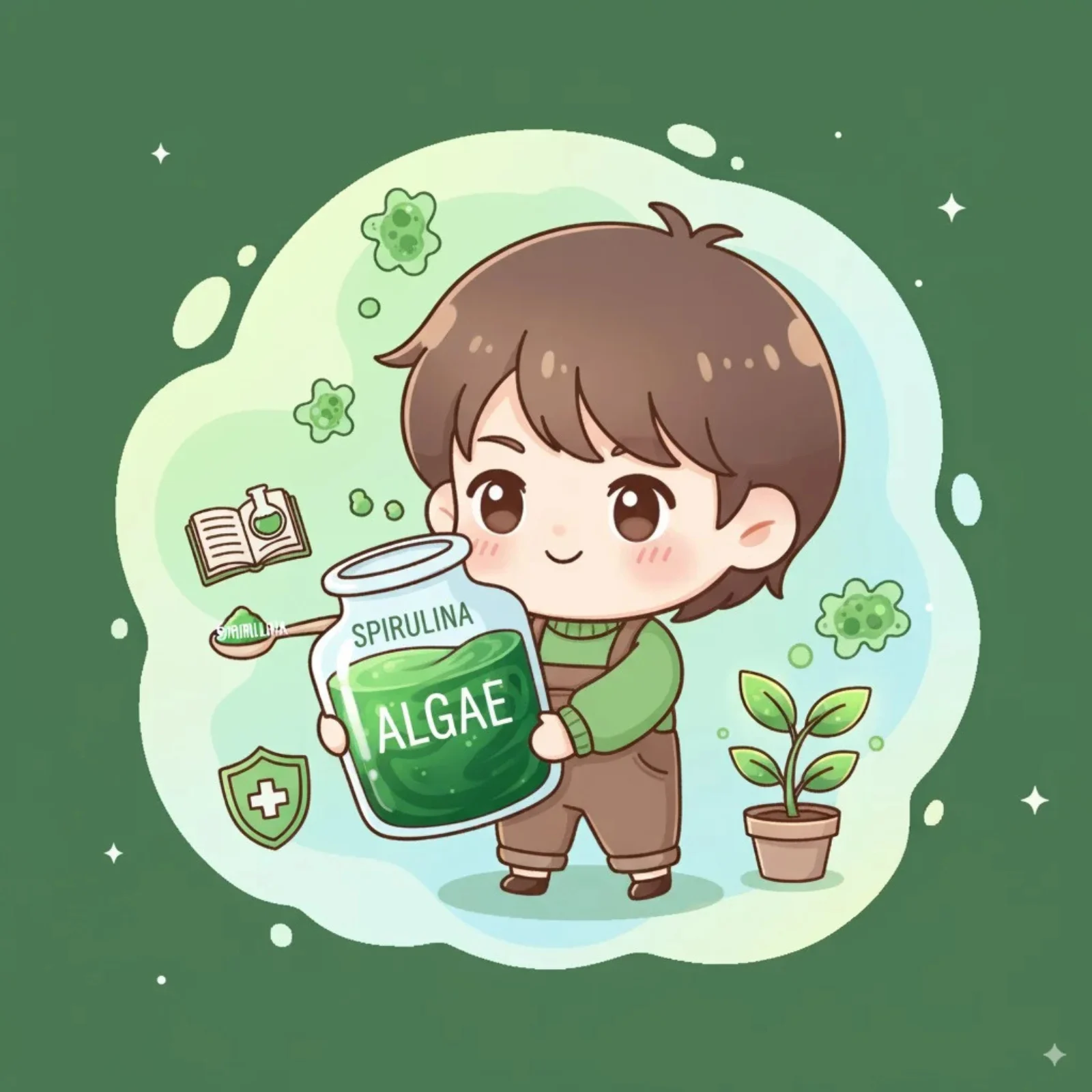 Cartoon child holding a jar of spirulina algae powder