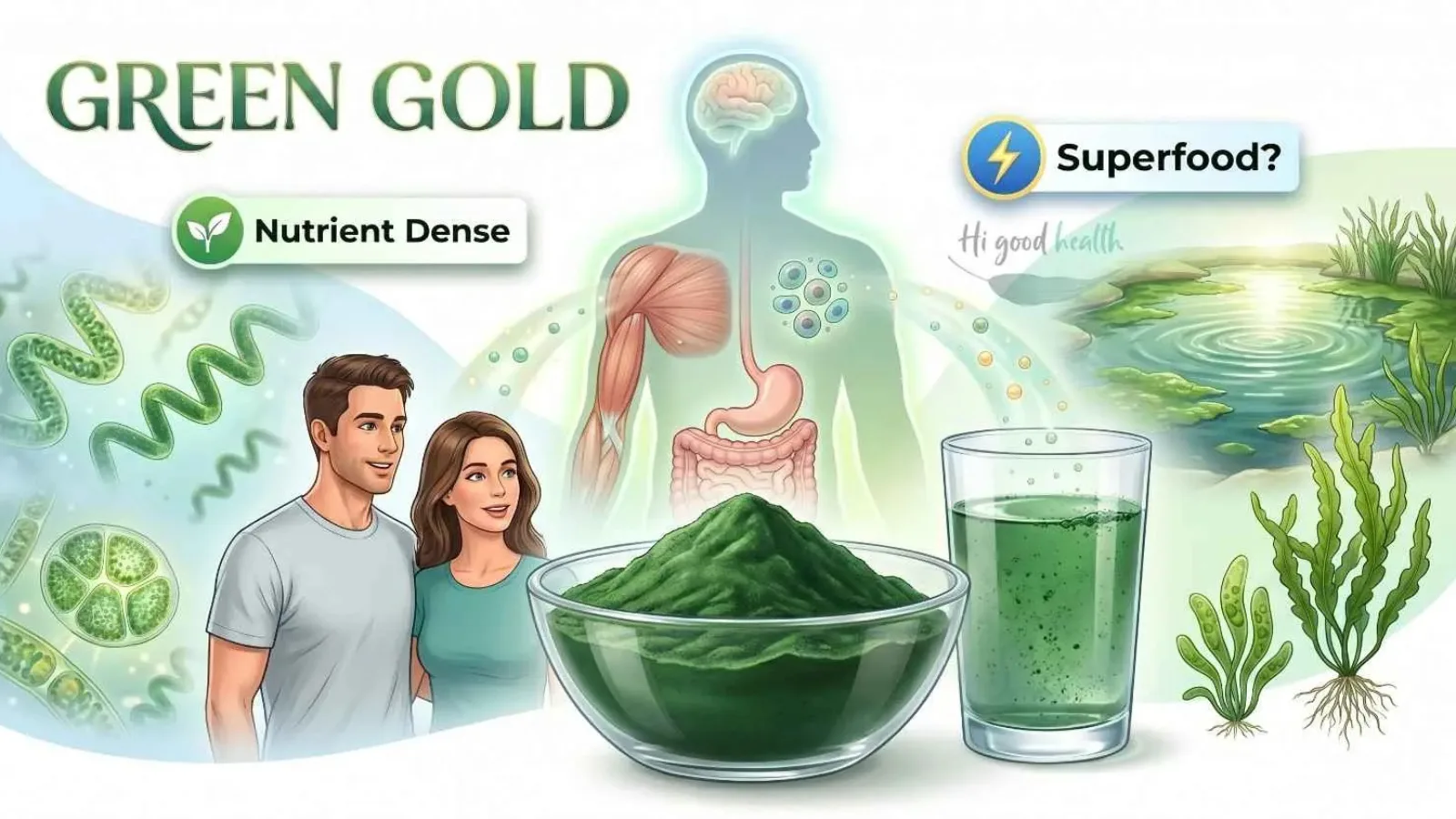 Couple beside a bowl of spirulina powder and a green drink with an anatomical overlay, headed Green Gold