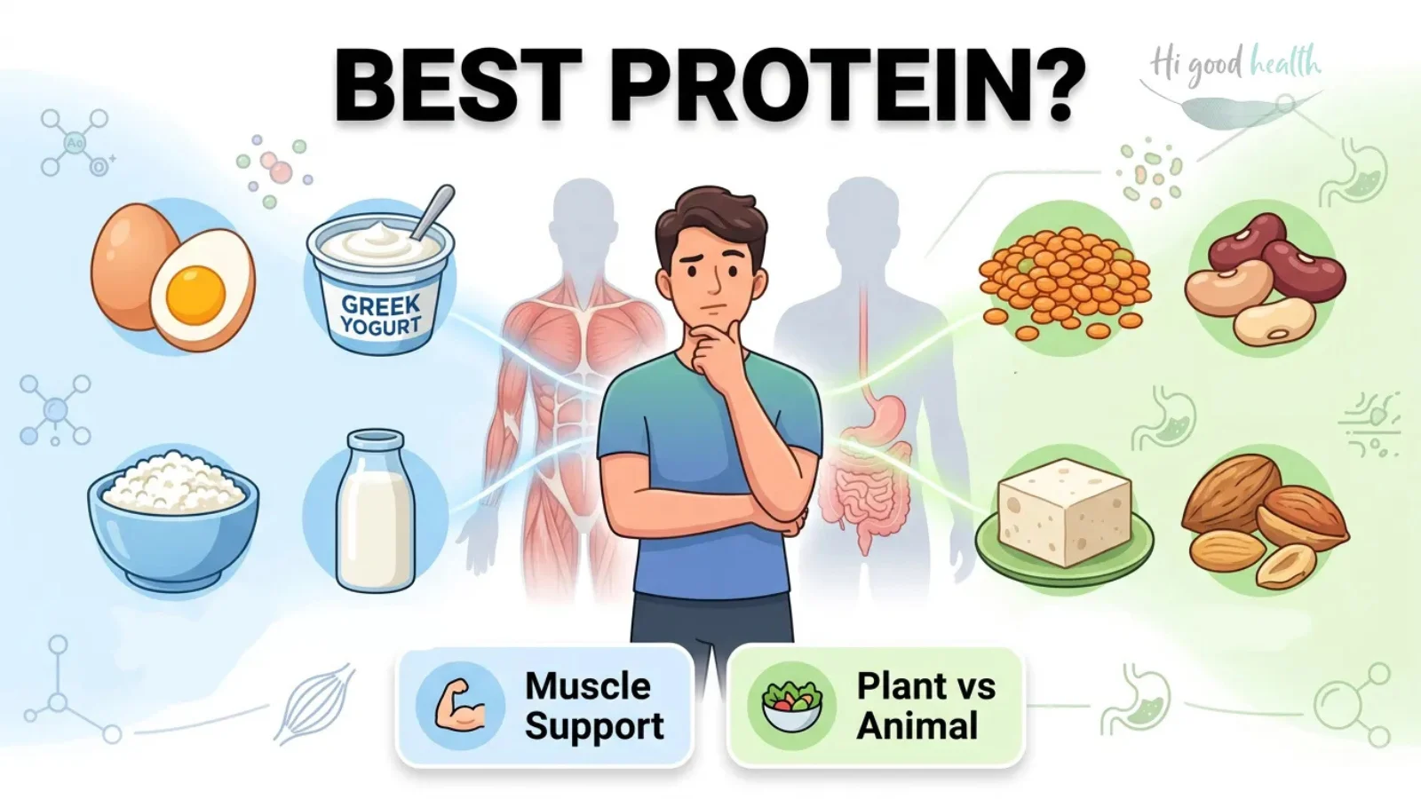 Man surrounded by eggs, Greek yoghurt, milk and tofu with a muscle overlay, headed Best Protein