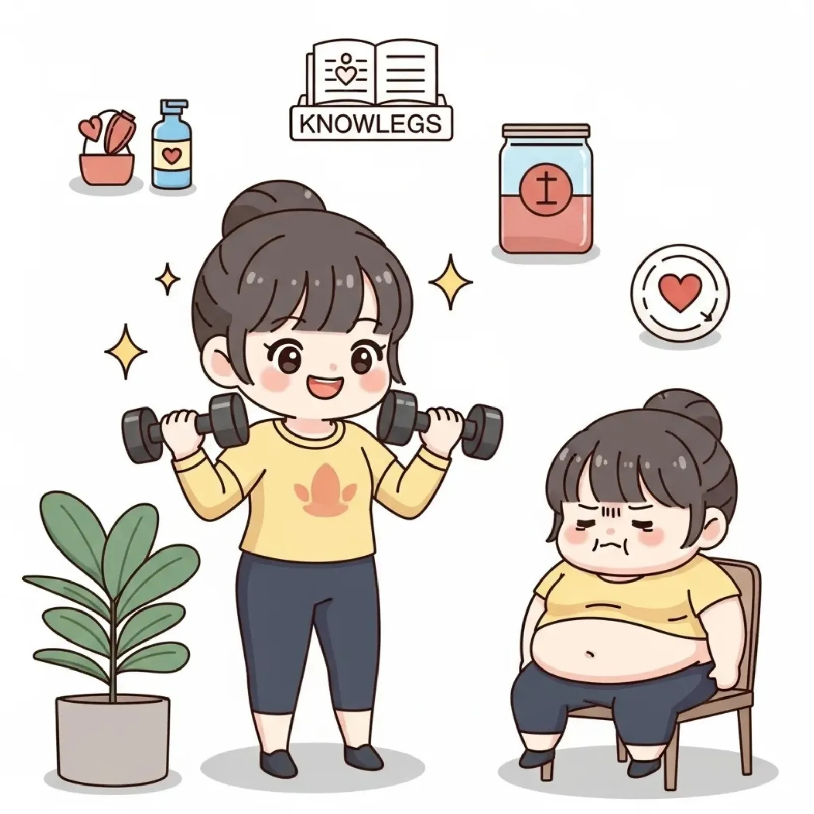 Cartoon girl lifting dumbbells beside supplement jars and a reference book, illustrating muscle support
