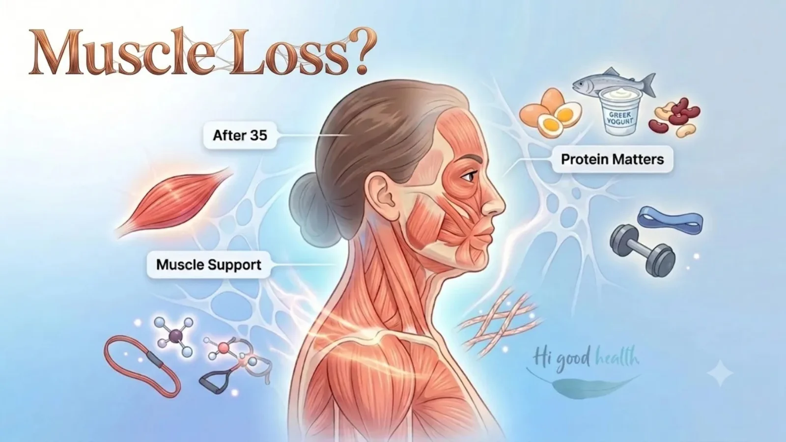 Woman's face and neck shown with the underlying facial musculature, labelled After 35 and Muscle Support, headed Muscle Loss