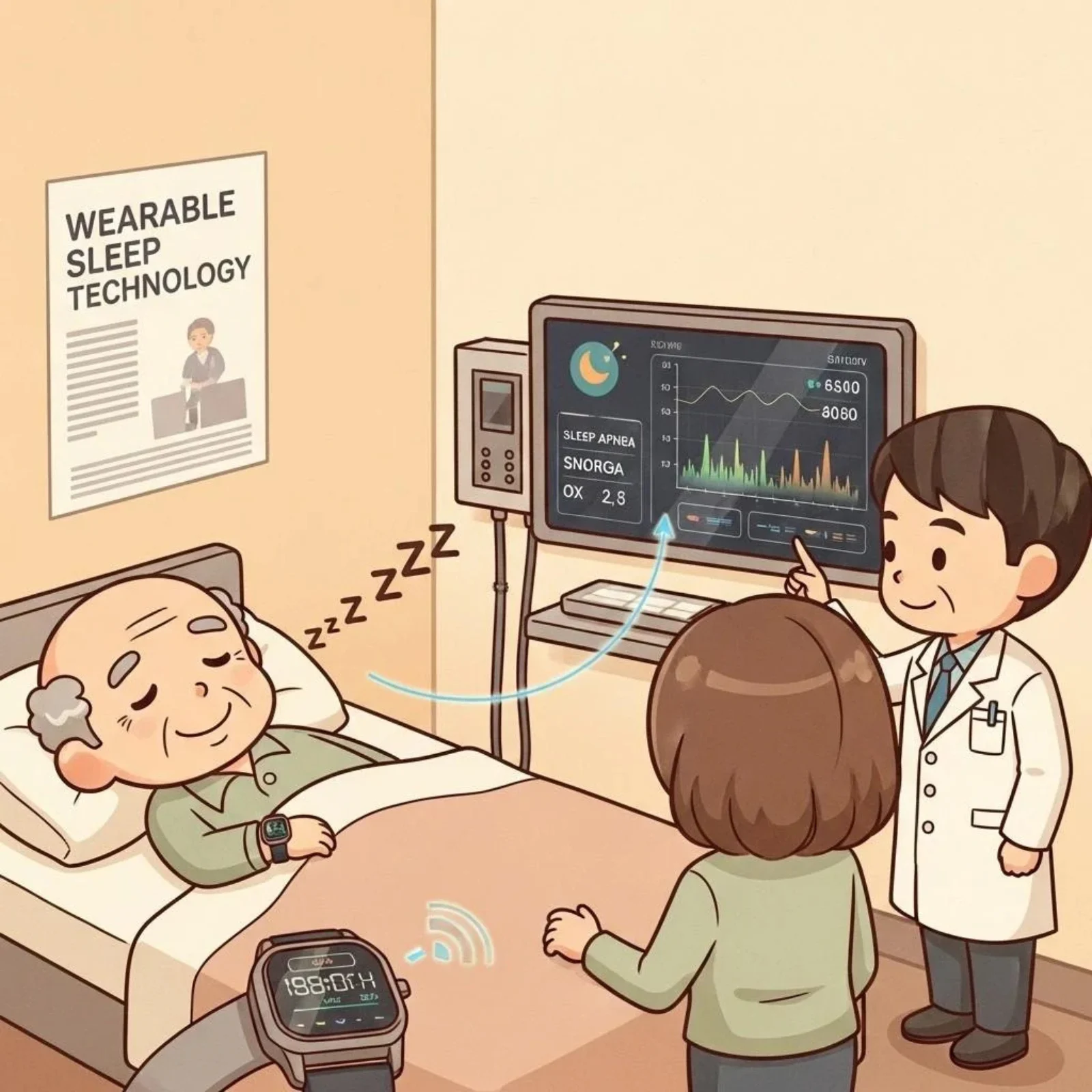 Cartoon of an older man asleep wearing a sleep tracker while a doctor reviews the readings on a monitor