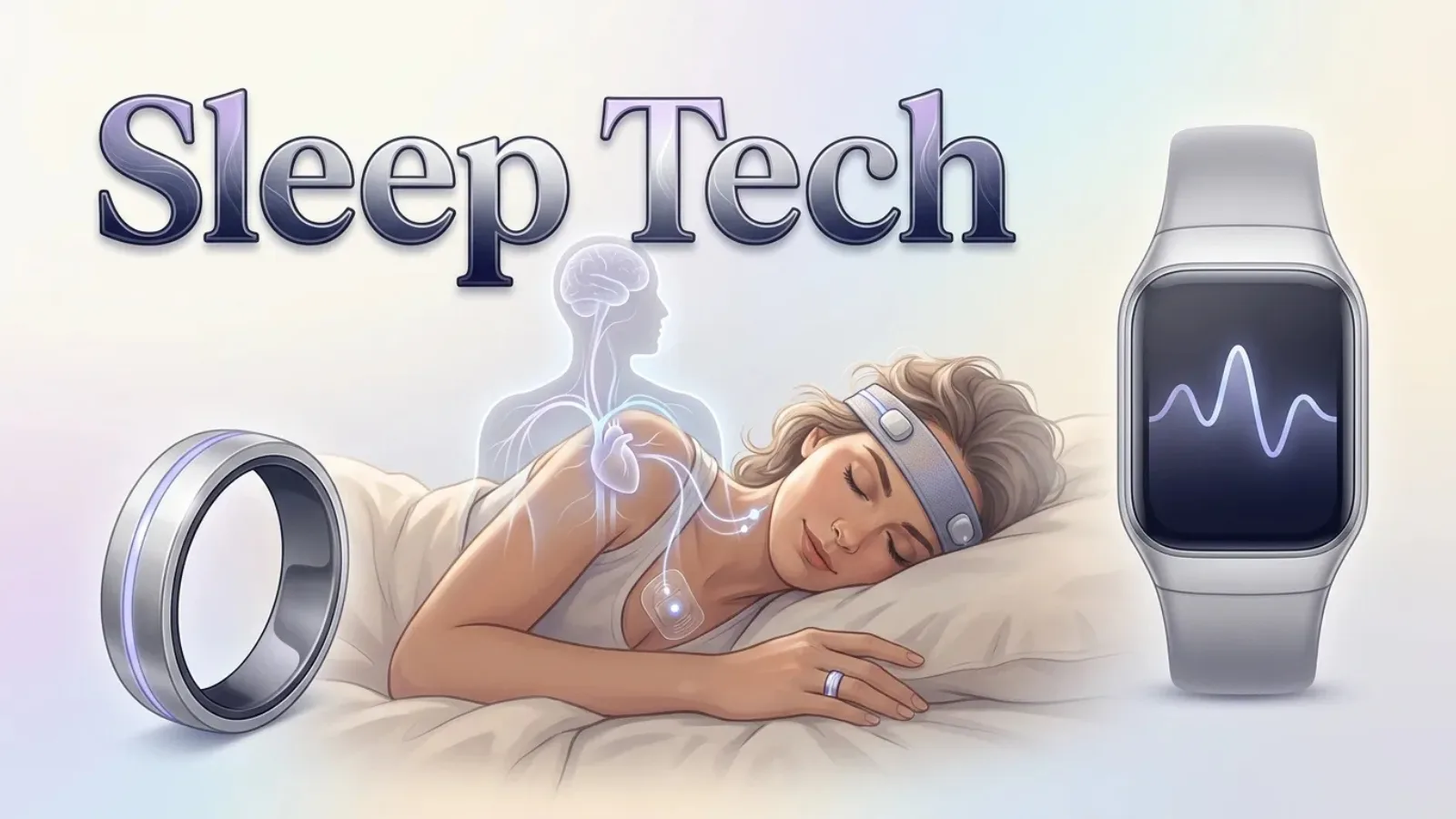 Sleeping woman wearing a sensor headband beside a smart ring and a smartwatch showing a sleep waveform, headed Sleep Tech