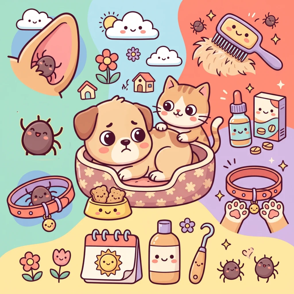 Cartoon of a worried dog in its bed with a cat beside it, surrounded by cartoon ticks in an ear, on a collar and on a brush, plus a tick remover and prevention products