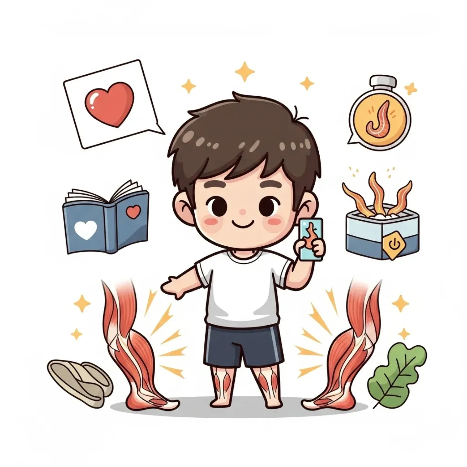 Cartoon boy with highlighted calf muscles surrounded by heart, book and timer icons
