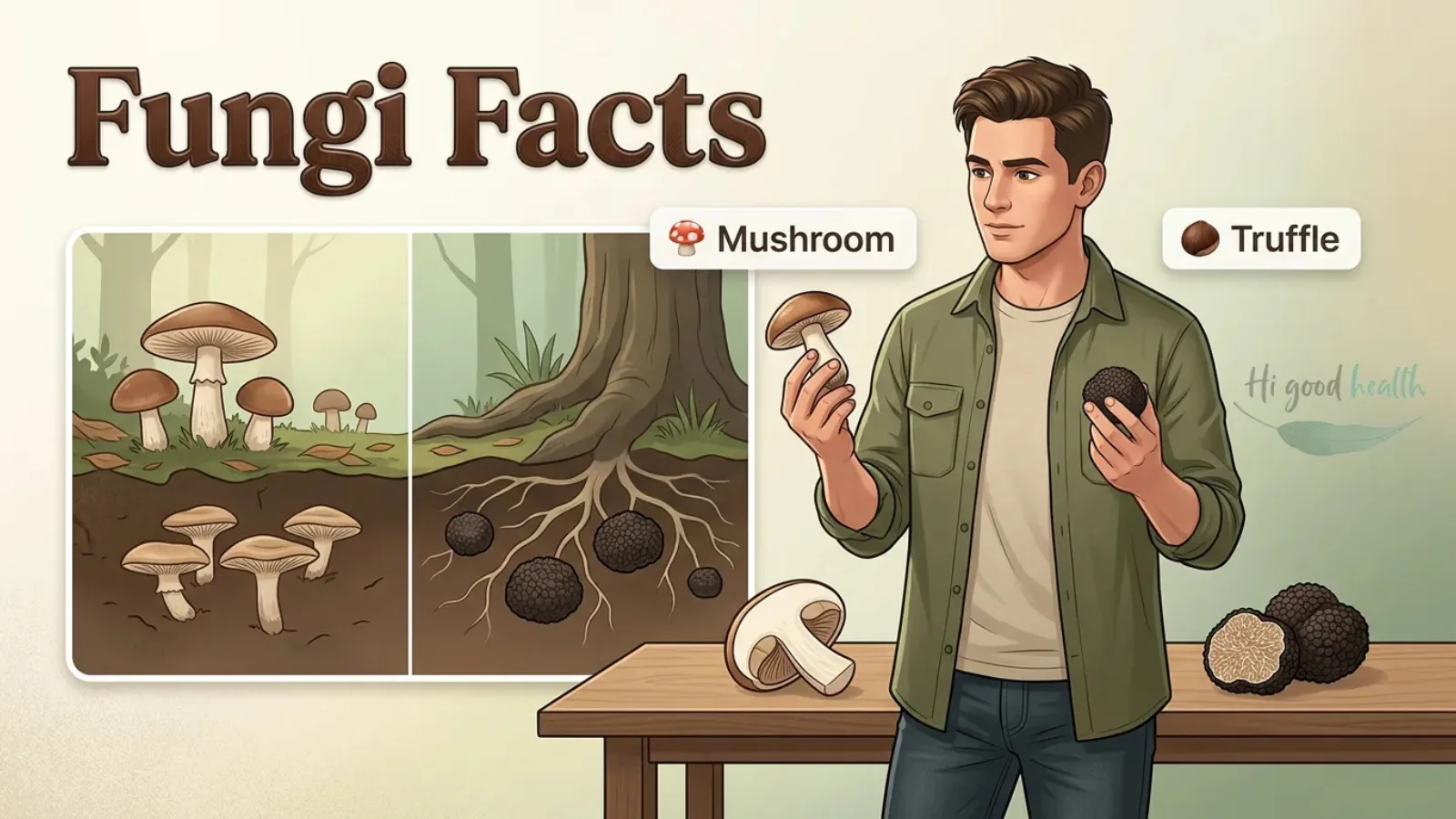 Man holding a mushroom and a truffle beside a soil cross-section showing mushrooms above ground and truffles below, headed Fungi Facts