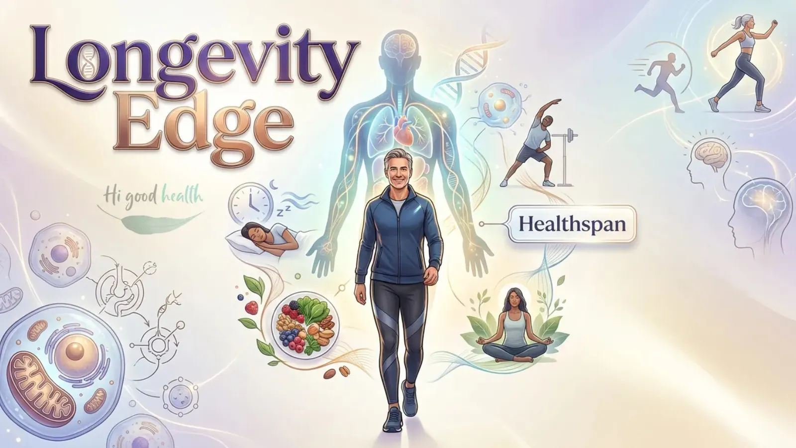 Man beside an anatomical figure and yoga poses, headed Longevity Edge
