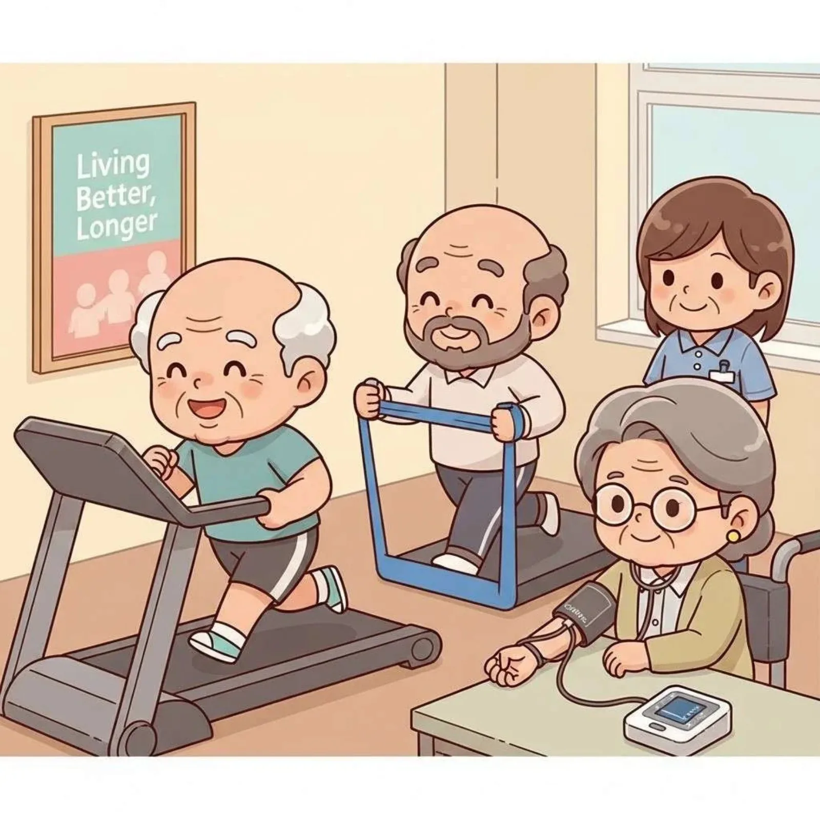 Cartoon of older adults exercising on a treadmill and having their blood pressure checked, under a Living Better Longer poster