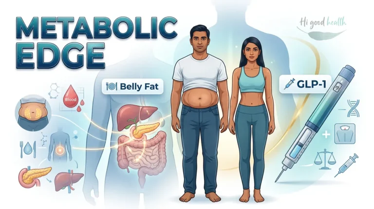 Man and woman shown with internal organs beside a GLP-1 injector pen, headed Metabolic Edge