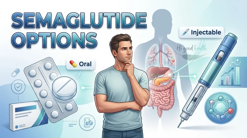 Man beside oral semaglutide tablets and an anatomical diagram, headed Semaglutide Options