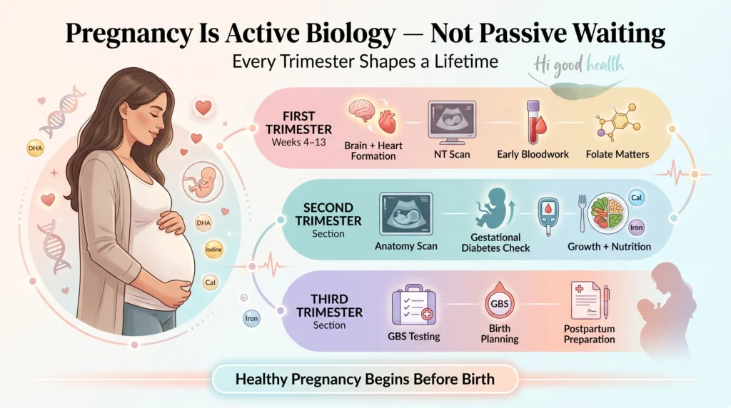 Infographic on pregnancy as active biology, mapping the first trimester of brain and heart formation, NT scan, early bloodwork and folate, the second trimester anatomy scan and gestational diabetes check, and the third trimester GBS testing and birth planning