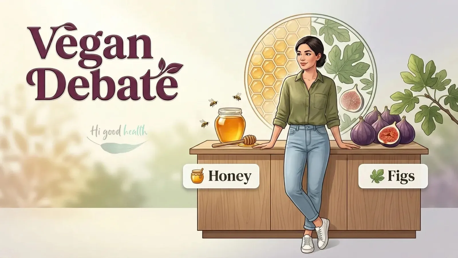 Woman beside a jar of honey and a honeycomb with bees, headed Vegan Debate