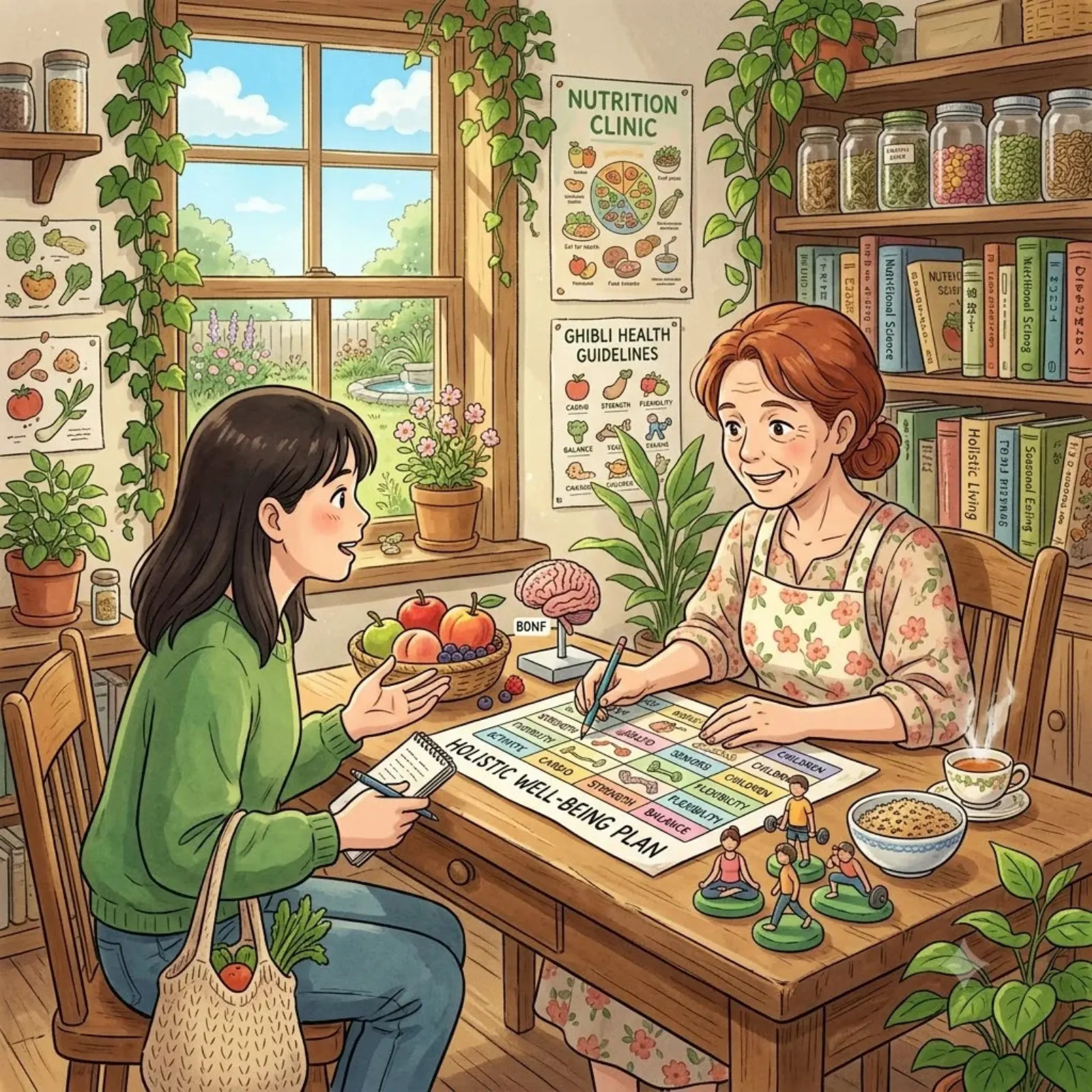 Illustration of two women talking across a table of fresh produce in a nutrition clinic