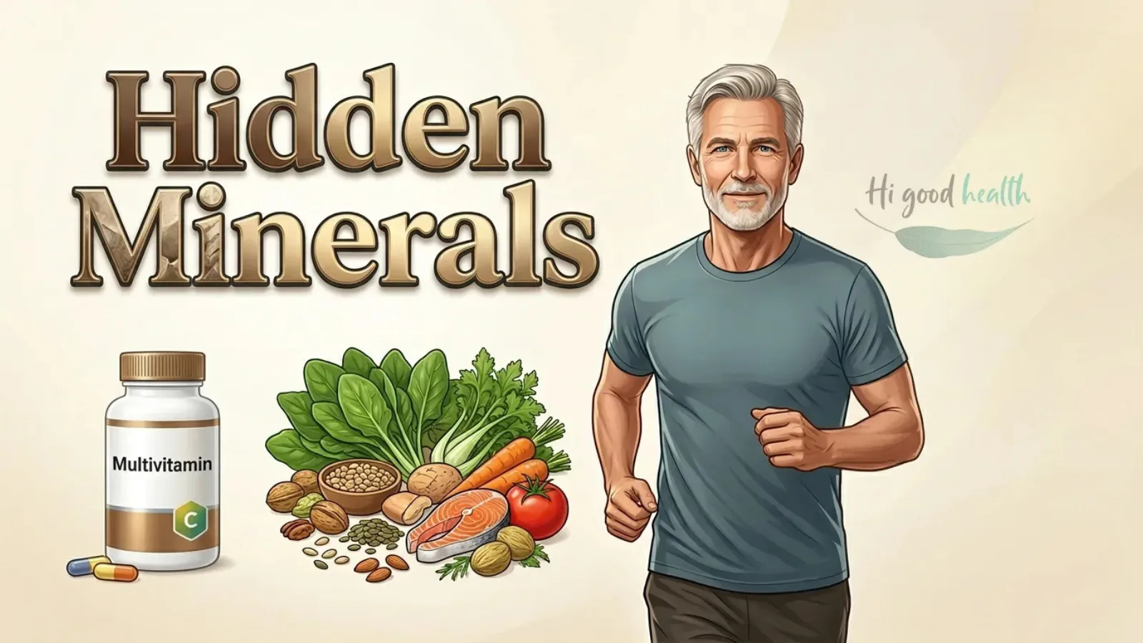 15+ Essential Minerals That Protected Our Ancestors — but Are Missing from Your Multivitamin 2 Older man jogging beside a multivitamin bottle and a spread of mineral-rich vegetables, nuts and fish, headed Hidden Minerals