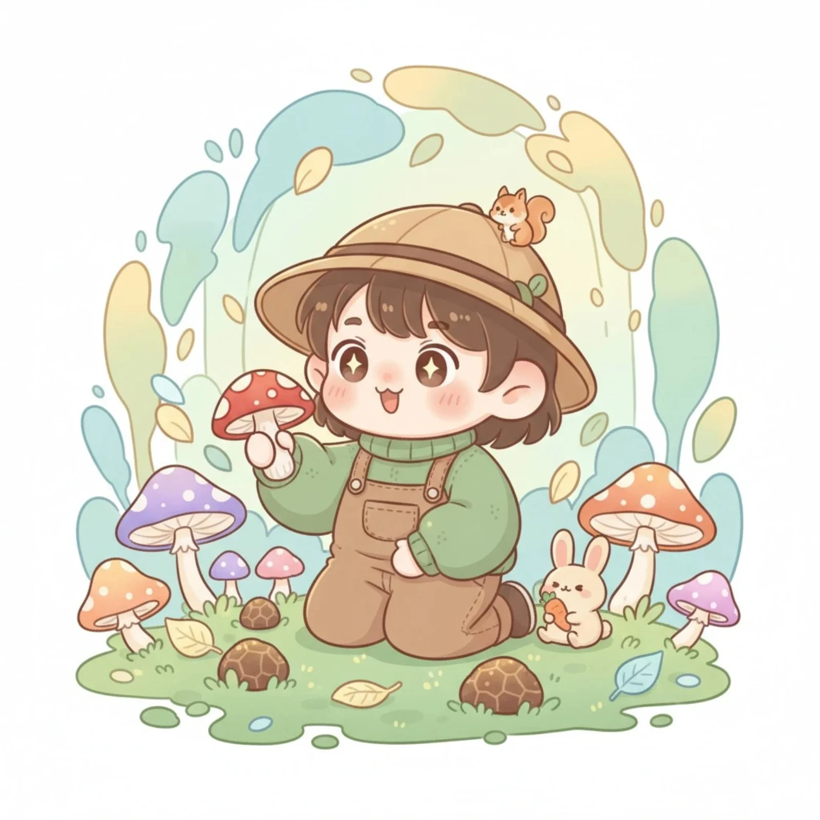 Cartoon child in woodland holding a red mushroom, with truffles among the fallen leaves