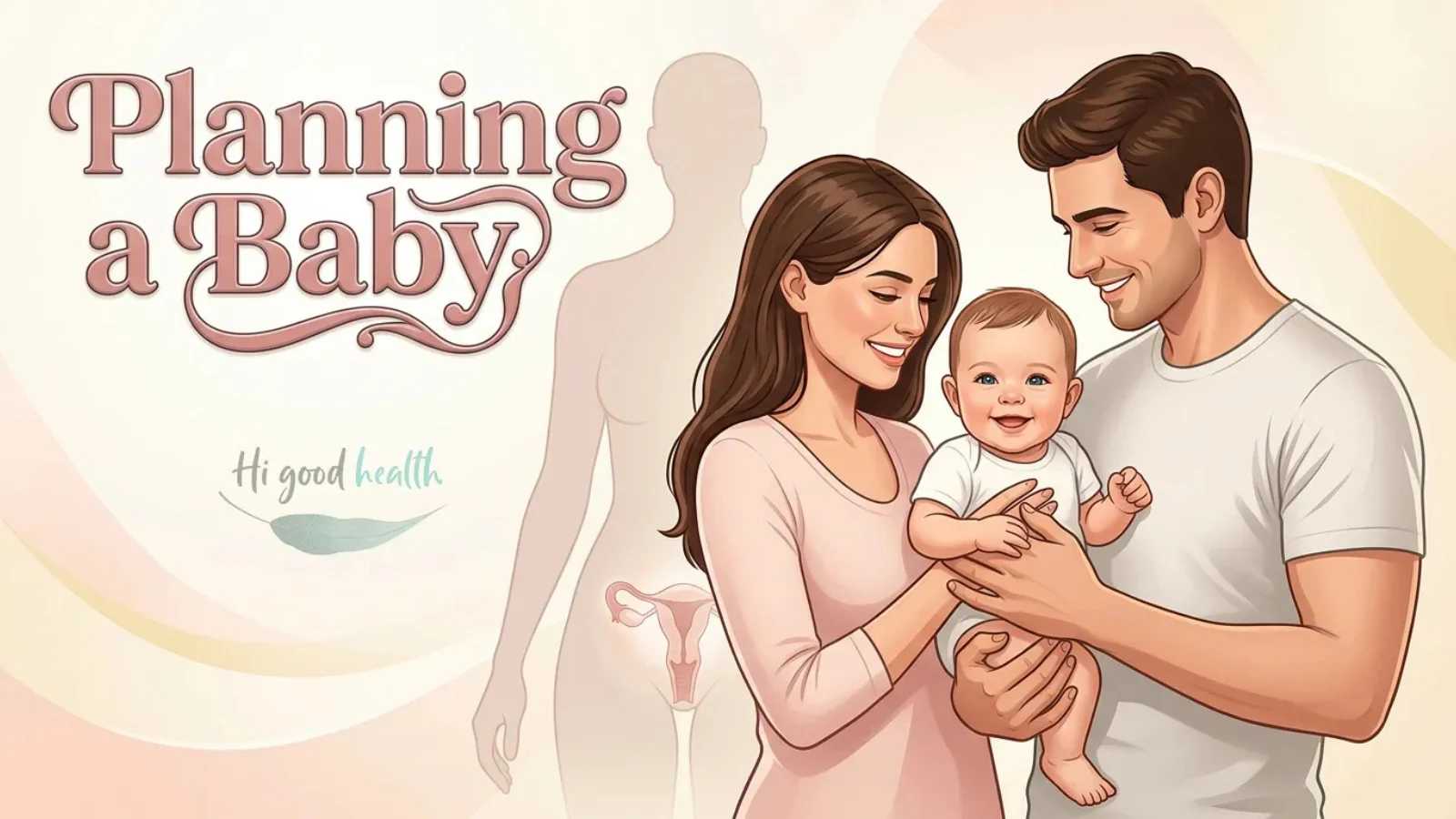 Couple holding a baby beside a reproductive-anatomy silhouette, headed Planning a Baby