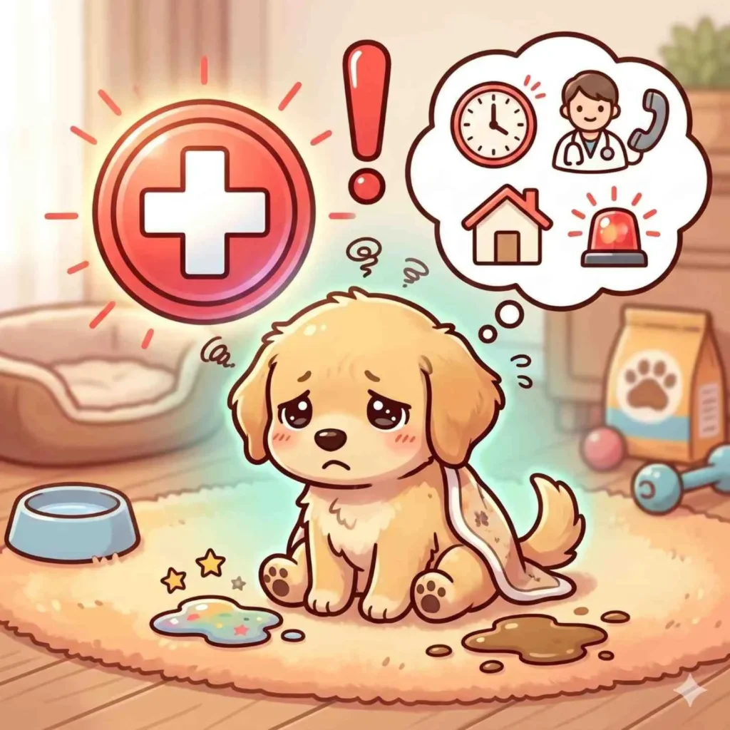 Cartoon of a sad puppy beside a red medical cross and alarm icons, signalling when vomiting needs a vet