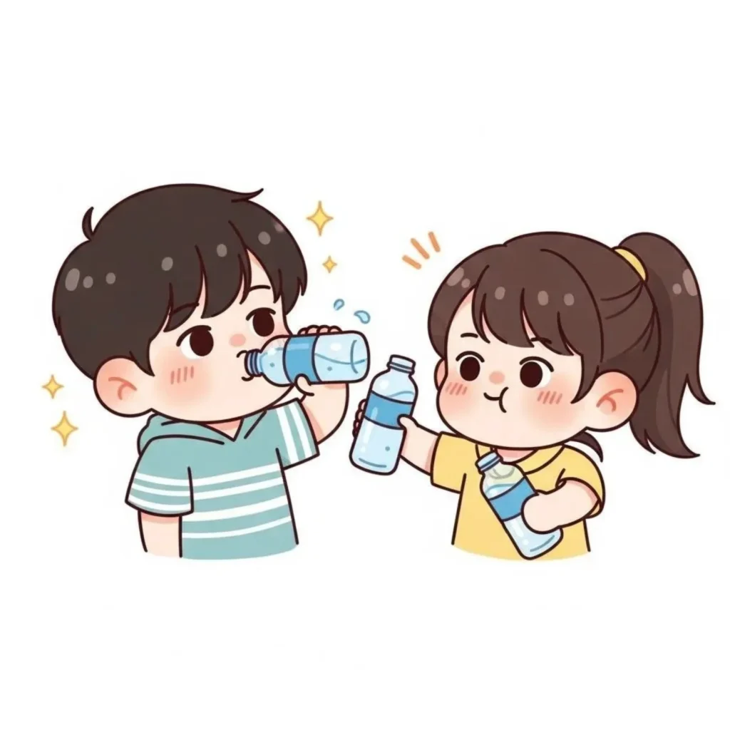 Cartoon of two children drinking from water bottles, illustrating frequent thirst