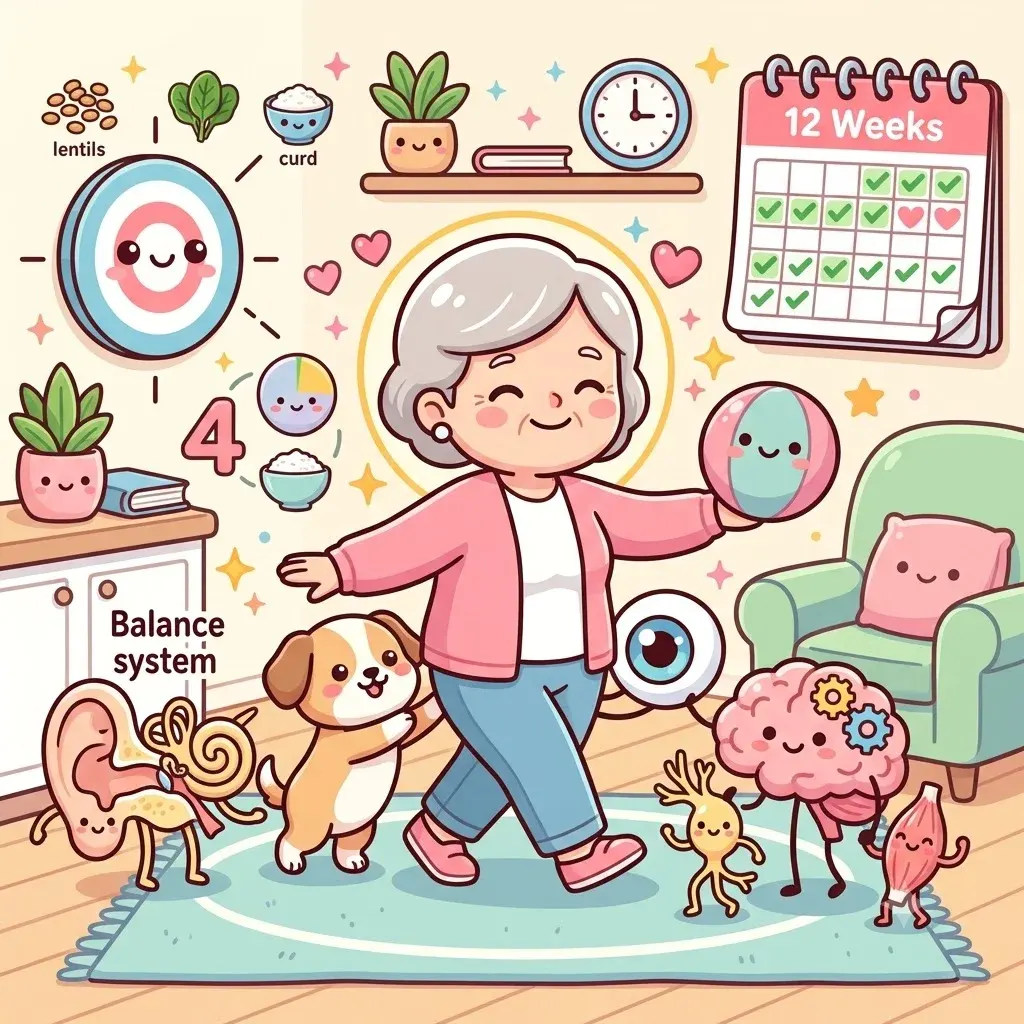 Cartoon of an older woman beside a twelve-week calendar and icons of the body's balance system