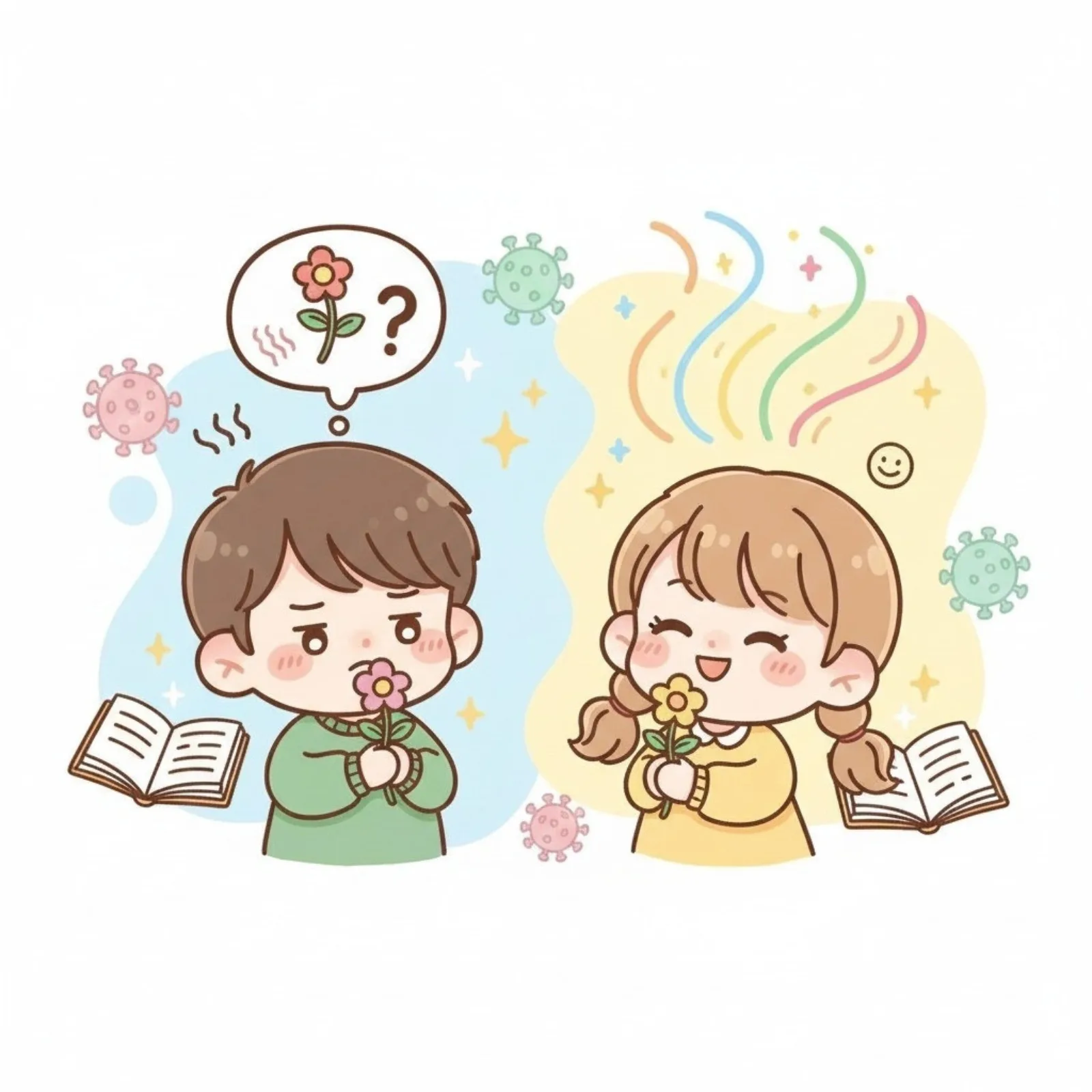 Cartoon children with question-mark thought bubbles over flowers and germs, illustrating distorted smell