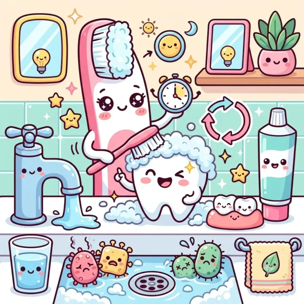 Cartoon of a smiling tooth being brushed at a bathroom sink, surrounded by toothpaste, floss and mouthwash
