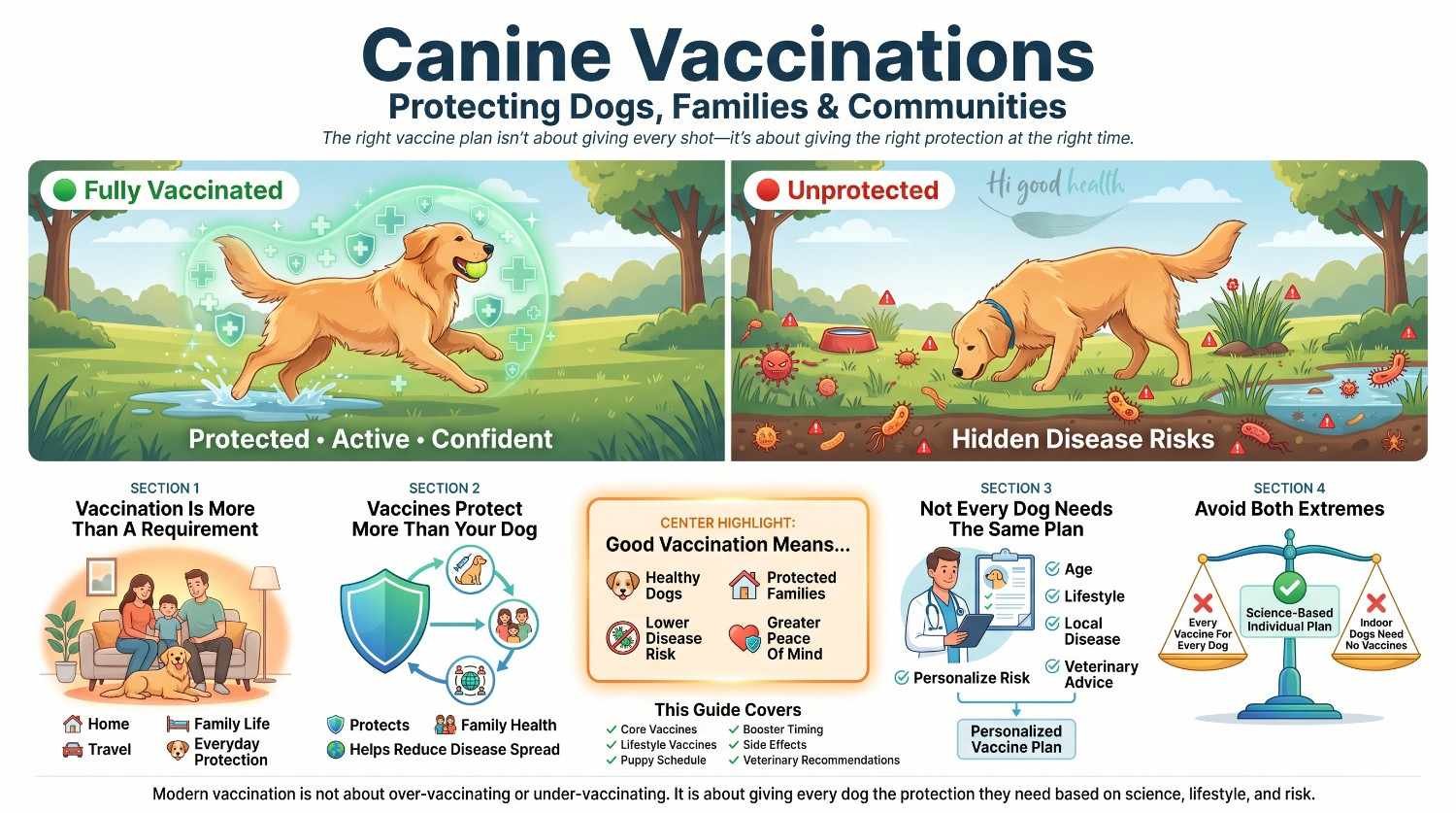 Understanding Canine Immunisations: How Vaccines Protect Your Pet and Your Family 3 Infographic on canine vaccinations contrasting a fully vaccinated dog running freely in a park with an unprotected dog facing hidden disease risks, and setting out why vaccination protects families and communities and why every dog needs a personalised plan rather than over- or under-vaccination