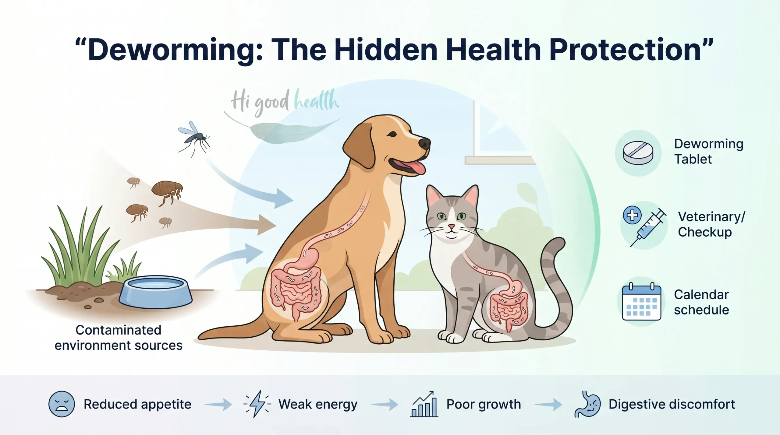 Deworming in Dogs and Cats in India: Signs, Schedule, and Best Medicines 3 Illustration of a dog and cat with their intestinal tracts visible, showing how worms reach pets from contaminated soil, fleas and shared bowls, and the reduced appetite, weak energy, poor growth and digestive discomfort that follow