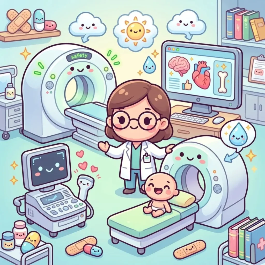 Cartoon radiologist beside CT and MRI scanners with a smiling patient, illustrating scan safety