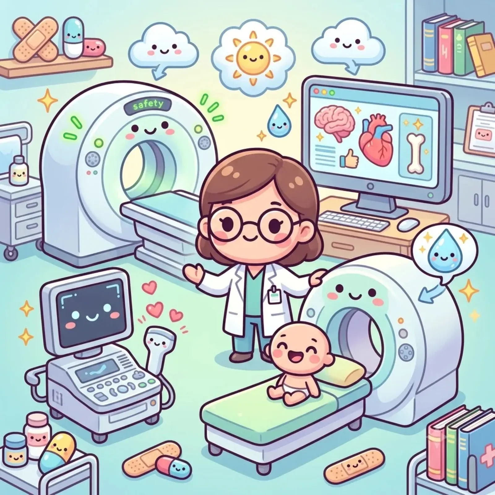 Cartoon radiologist beside CT and MRI scanners with a smiling patient, illustrating scan safety