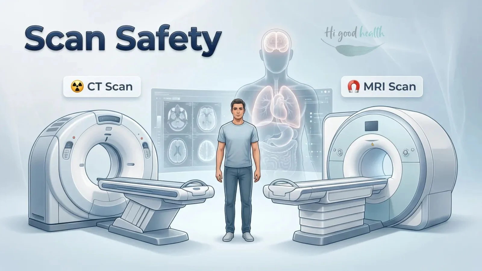 Man standing between a CT scanner and an MRI scanner, headed Scan Safety