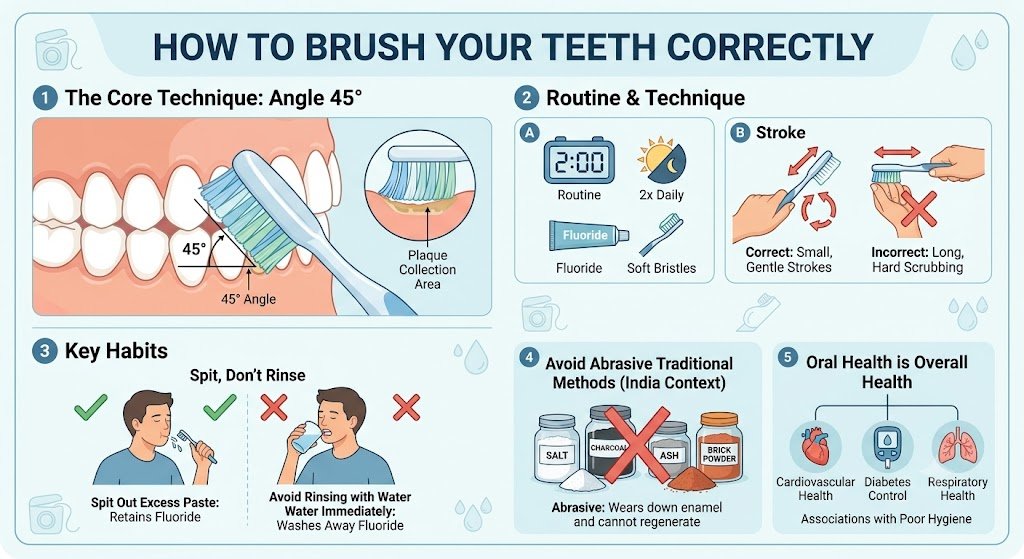 Are You Brushing Your Teeth the Wrong Way? What Science Really Says About Bass, Modified Bass, and Fones Brushing Techniques 3 Infographic on how to brush your teeth correctly: the 45-degree angle, twice-daily routine and spit-don't-rinse habit
