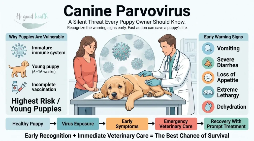 Infographic on canine parvovirus explaining why puppies are vulnerable and the early warning signs, including vomiting and severe diarrhoea