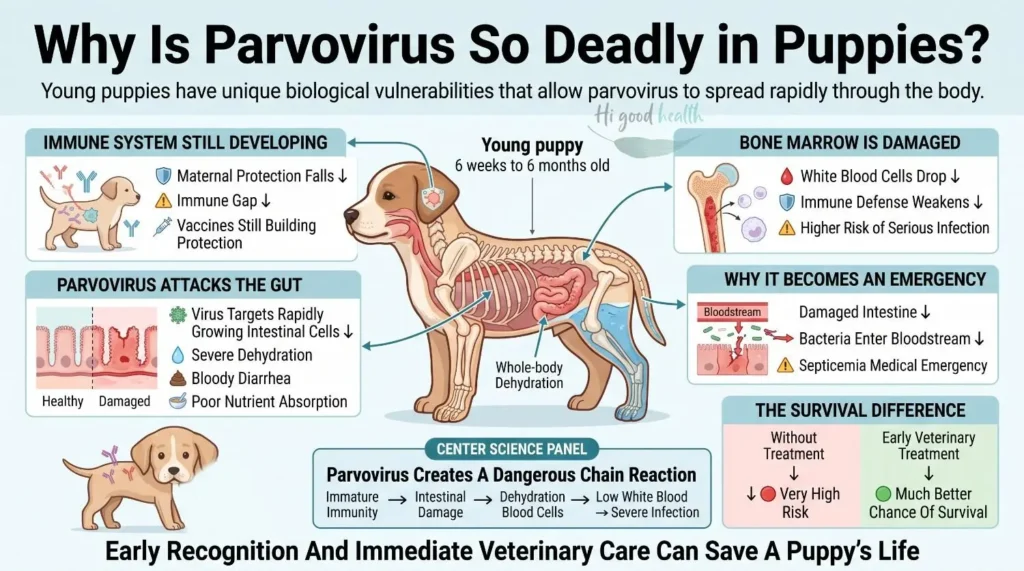 Infographic explaining why parvovirus is so deadly in puppies, covering their still-developing immune system and bone marrow