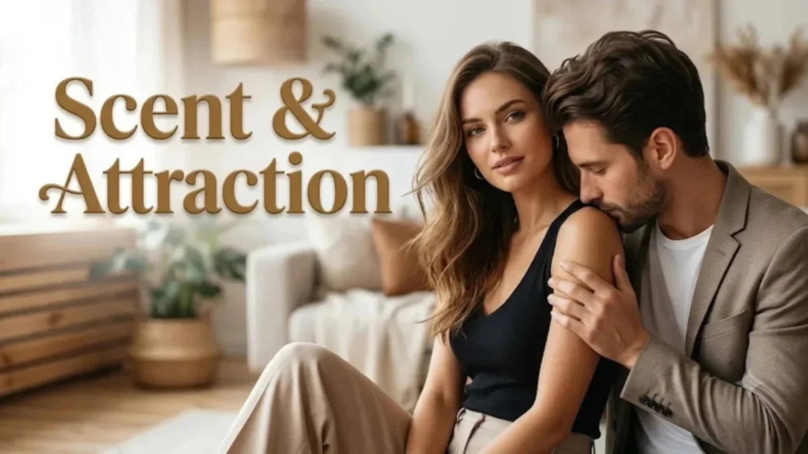 Couple embracing as a man leans towards a woman's shoulder, headed Scent and Attraction