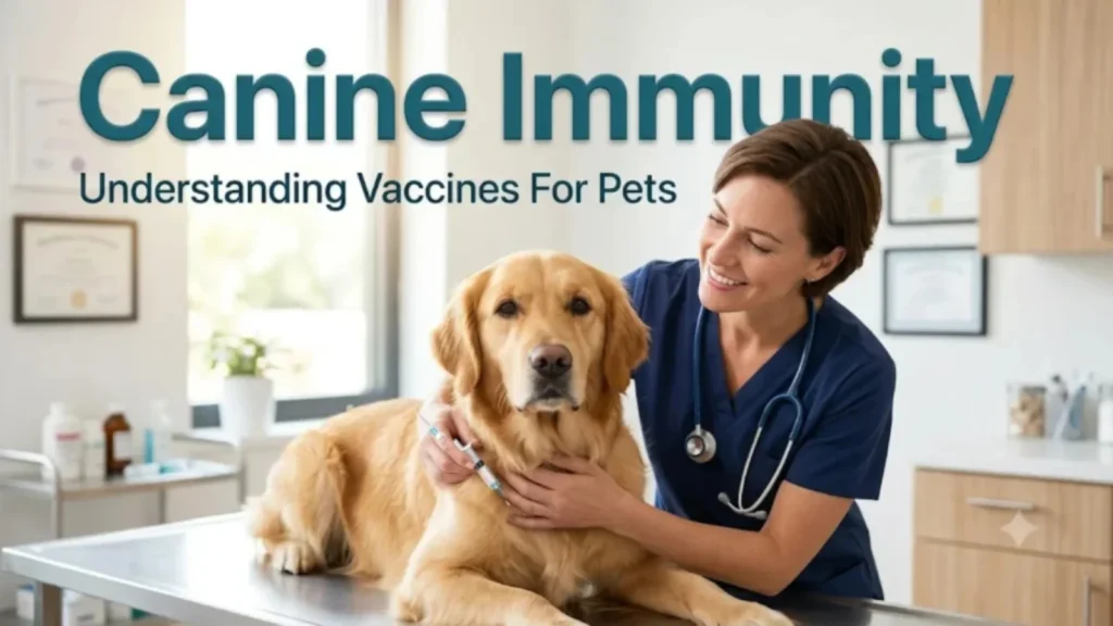 Understanding Canine Immunisations: How Vaccines Protect Your Pet and Your Family 2 Veterinarian vaccinating a golden retriever on a clinic table, headed Canine Immunity, Understanding Vaccines For Pets