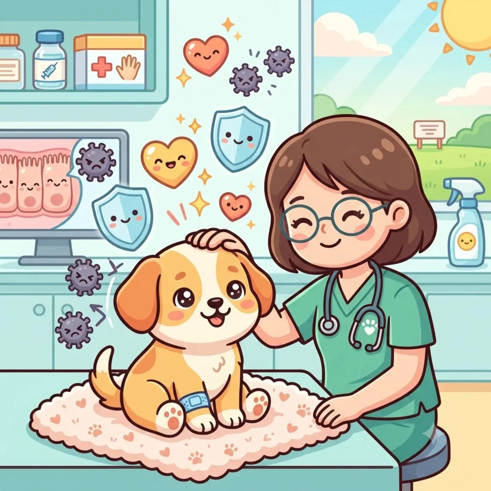 Cartoon vet caring for a puppy, surrounded by parvovirus germs and vaccine bottles