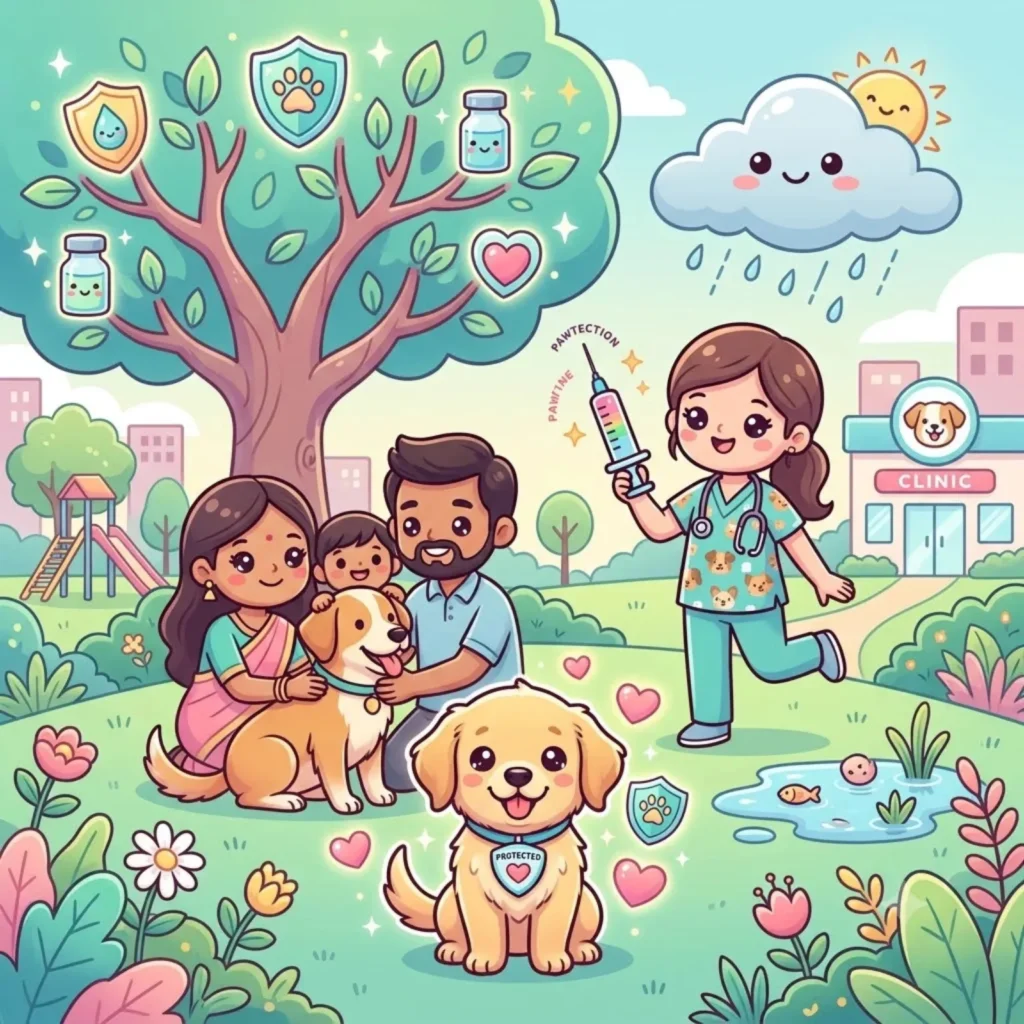 Cartoon of an Indian family with their dog in a park while a vet holds a vaccine syringe outside a clinic