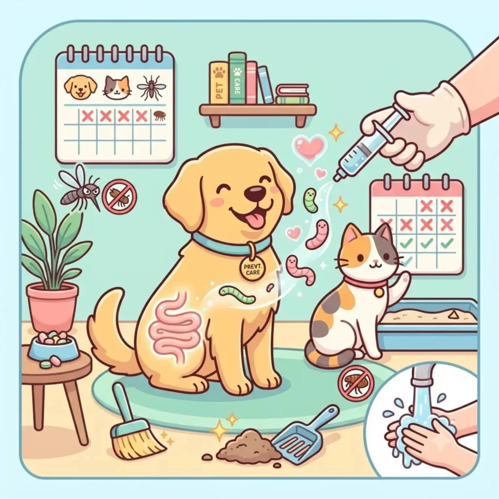 Cartoon dog and cat beside a deworming calendar, with a syringe and household cleaning routine